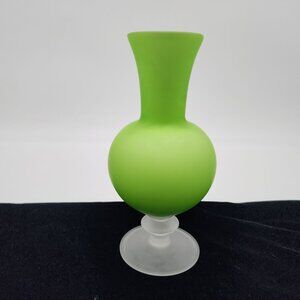 Frosted Satin Cased Green Glass Vase With Flared Neck & Pedestal Base VTG 8.75"
